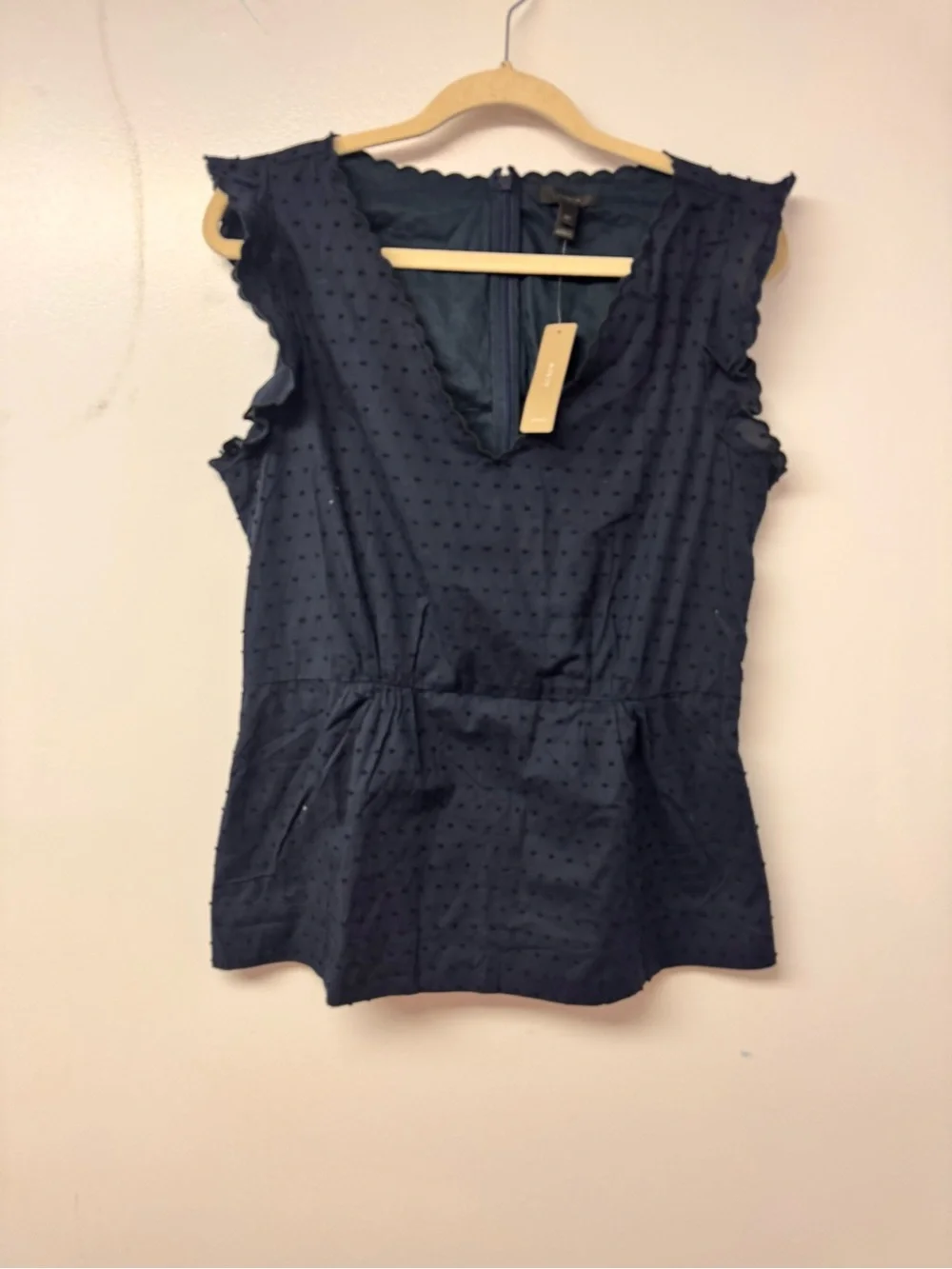 NWT J.Crew Women’s 12 Tall Navy Swiss Dot Ruffle Peplum Top Cotton Preppy B8